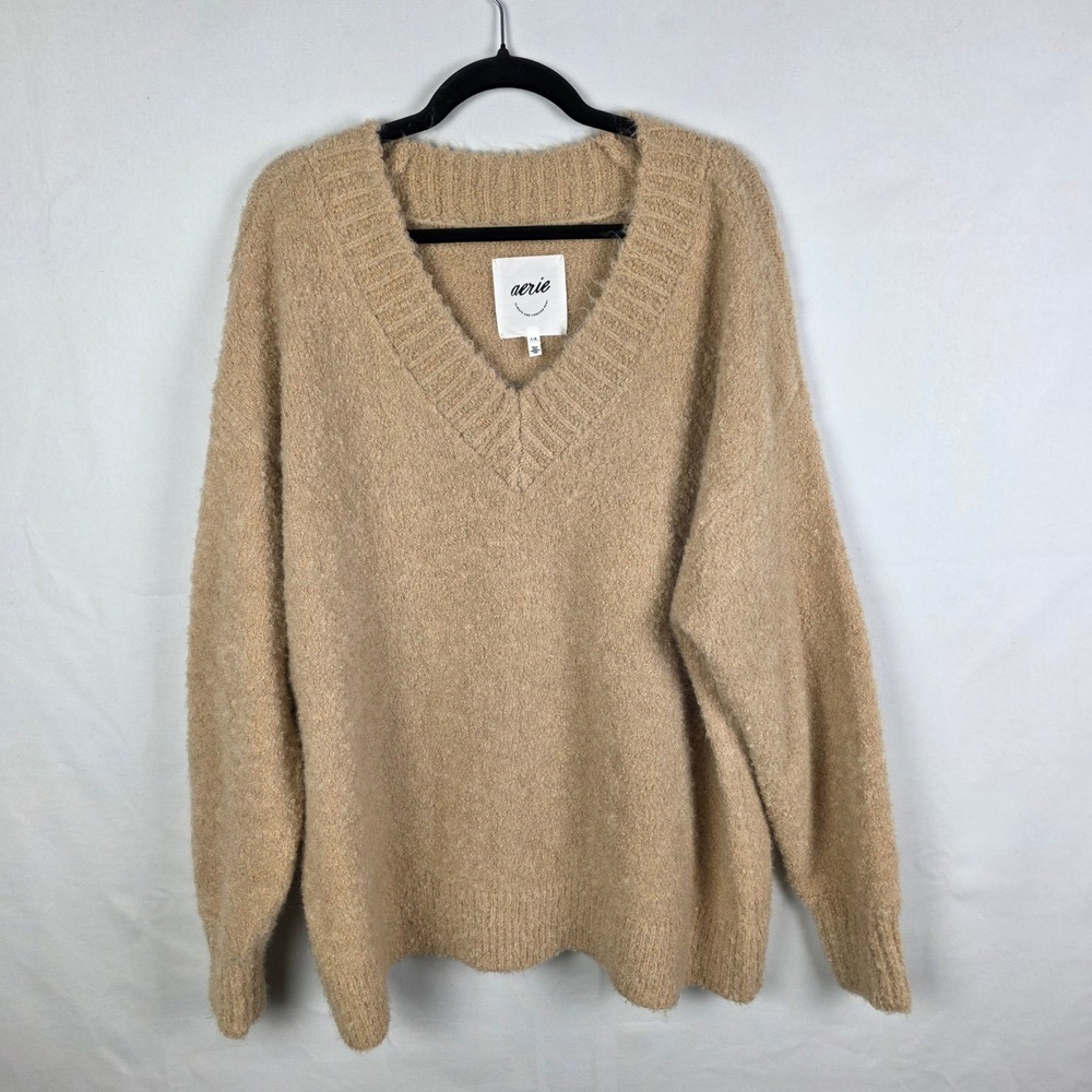 Aerie Womens Tan Boucle Oversized V-Neck Sweater Size L Wool Blend Relaxed Fit